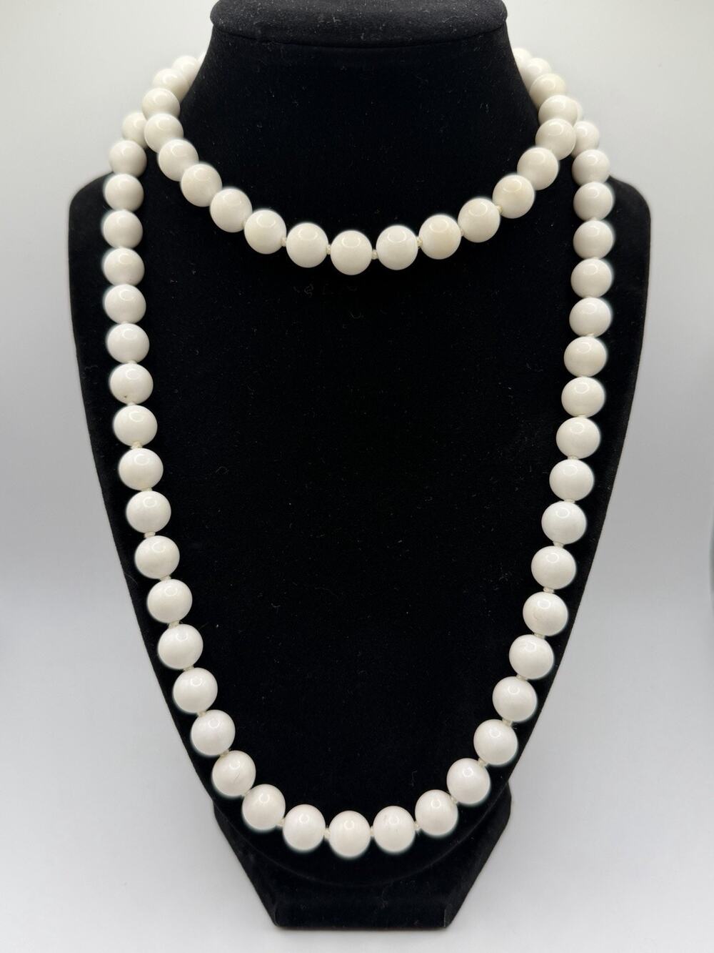 White Stone? or Glass? Beaded Hand Knotted Necklace Long Opera Double Strand 36"